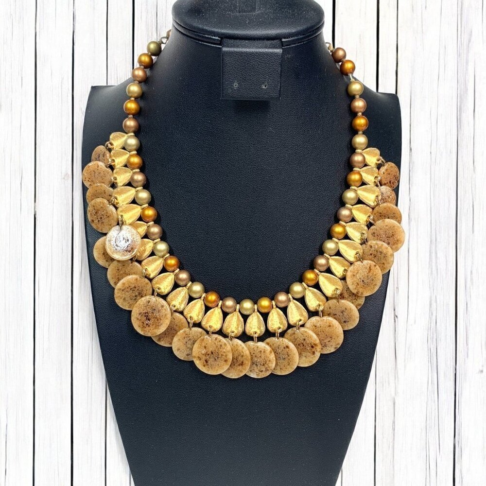Faux Pearl & Shell Statement Bib Estate Necklace Gold Rust Orange Cream 17"L